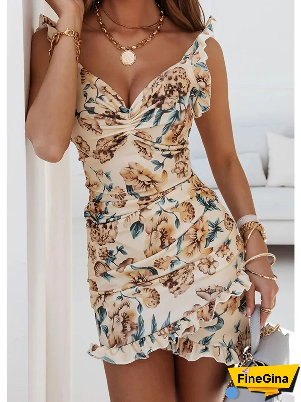 Summer Sexy Spaghetti Mini Dress For Women Floral Print Elegant Ladies Ruffles Party Bodycon Slim Irregular Dresses Femme