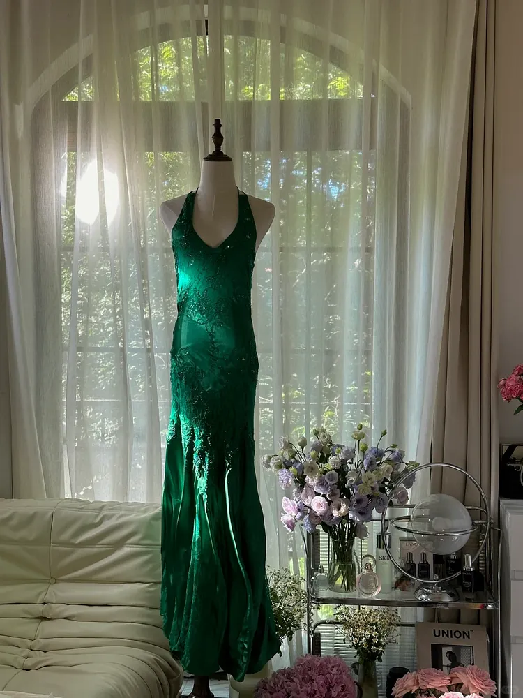 Green Gorgeous Shiny Fashion Elegant Delicate Lace Beading Long Satin Chiffon Fairy Ball Gown Evening Dress Birthday/Wedding Guest/Holiday Party Dress Prom Dress Valentine's Day Date Dress