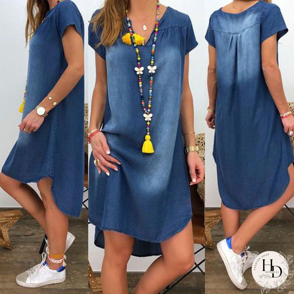 Women Fashion Summer Plus Size Short Sleeve Loose Denim Mini Jeans Dress