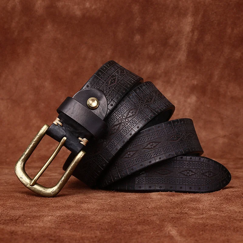 Men's Extra Thick Leather Embossed Belt Retro Copper Buckle Belt Boyfriend Husband Papa Grandpa's Gifts