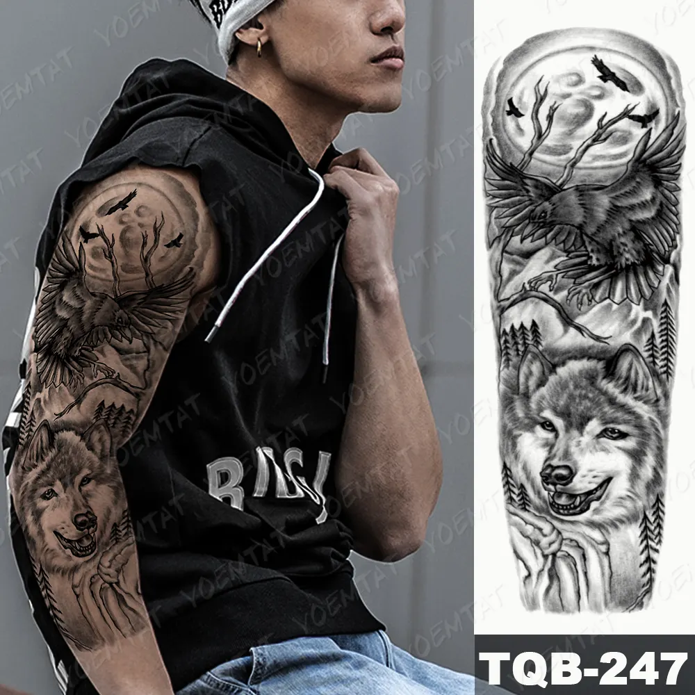 Sdrawing Arm Sleeve Tattoo Tiger Palm Lighthouse Waterproof Temporary Tatto Sticker Compass Beach Body Art Full Fake Tatoo Men