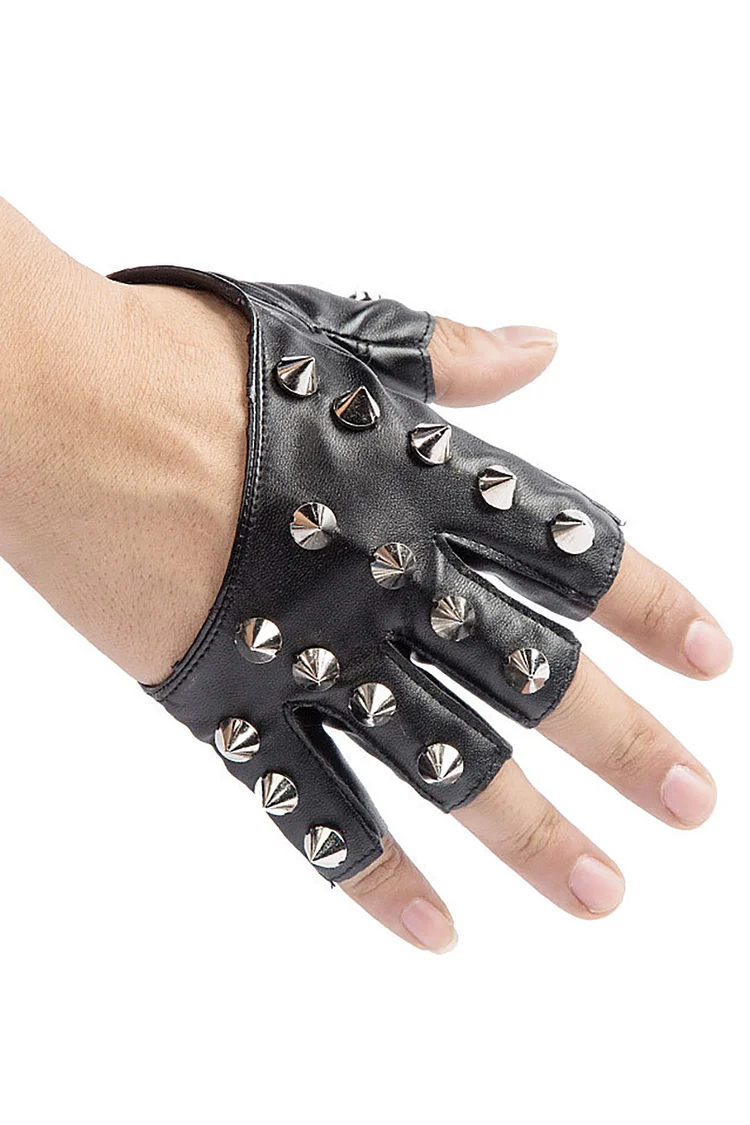 PU Leather Studded Half Finger Fingerless Gloves