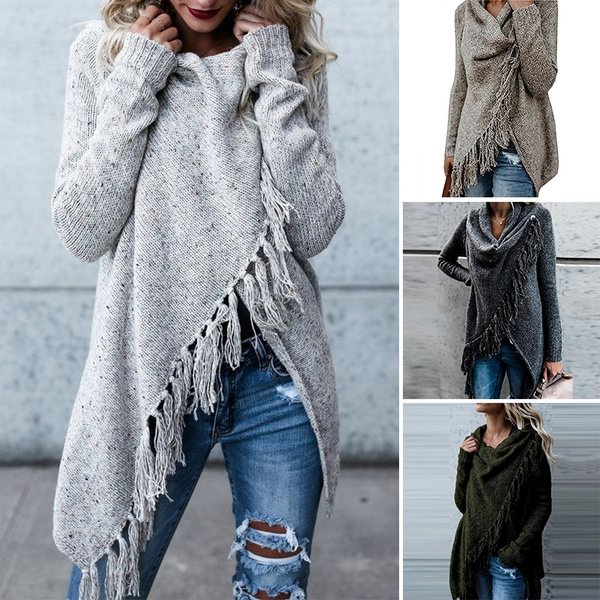 Fashion Women Winter Cowl Neck Long Sleeve Knitted Sweater Cardigan Ladies Fringe Coat Knitwear - Shop Trendy Women's Fashion | TeeYours