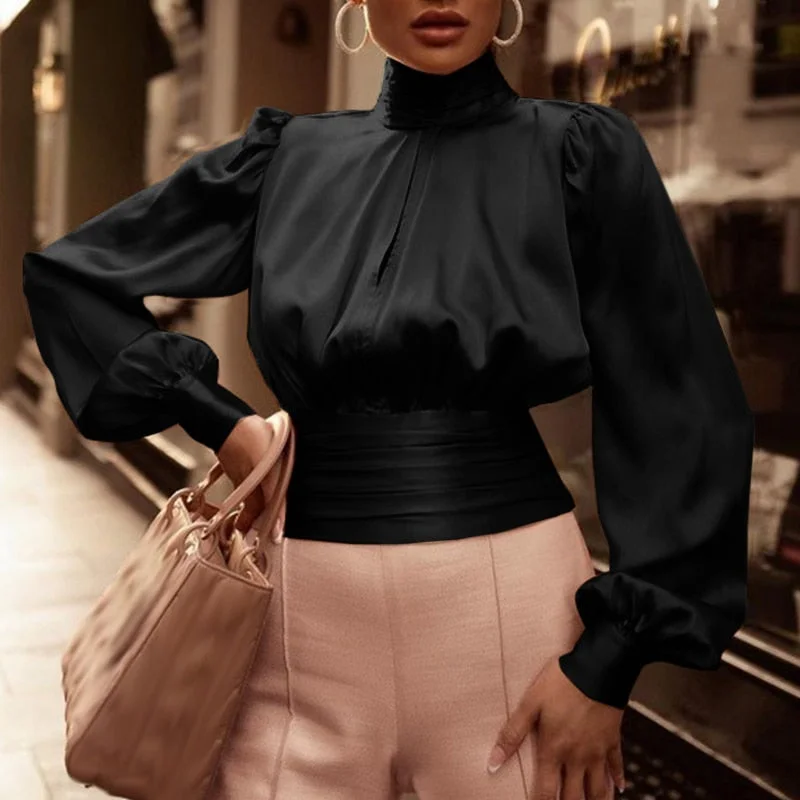 Celmia Pleated Waisted Long Puff Sleeve Tops Street Elegant Satin Fashion Short Tunic High Collar Hollow Out Chest Women Blouses