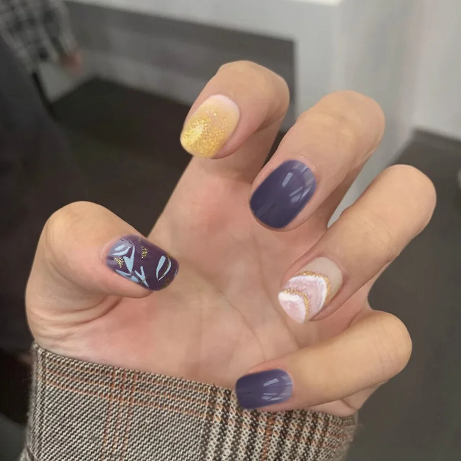 24pcs Purple Gray Fake Nail Patch Cat Eye False Nail Patch Press On Finger Nail Tips Detachable Full Cover Acrylic Nails-Nail Inspo