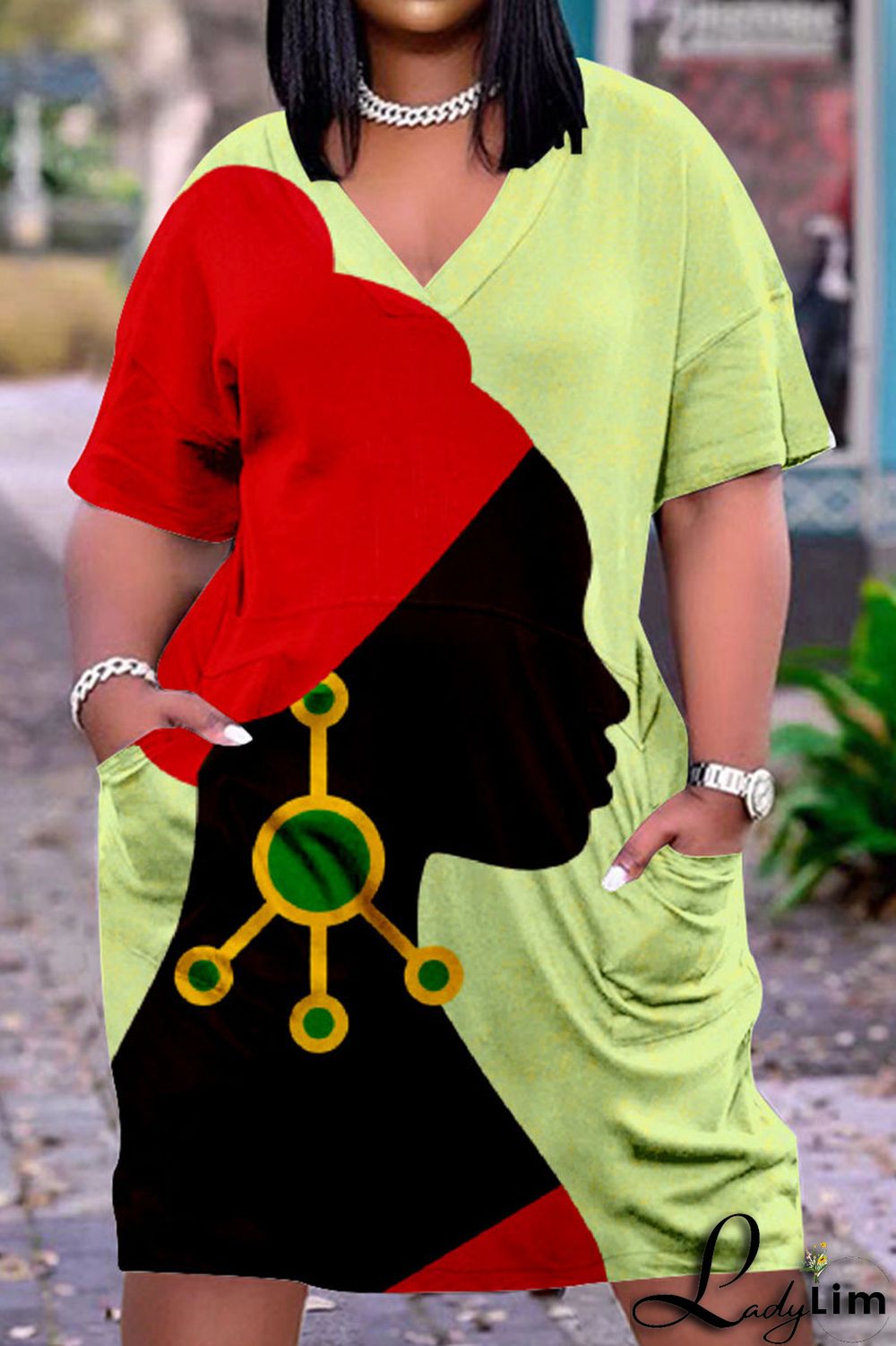 Tangerine Red Fashion Casual Print Basic V Neck Short Sleeve Dress