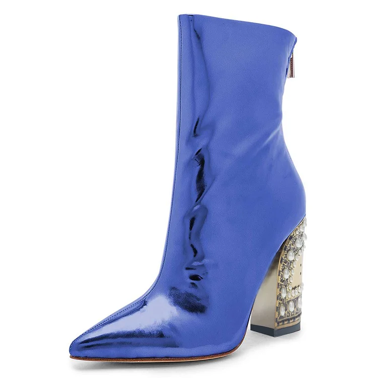 Blue Patent Leather Ankle Boots Pearl Block Heel Boots |FSJ Shoes