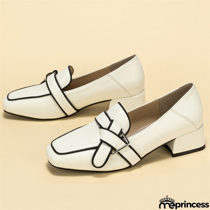 Versatile High Thick Heels Square Toe Buckle Women's Pumps