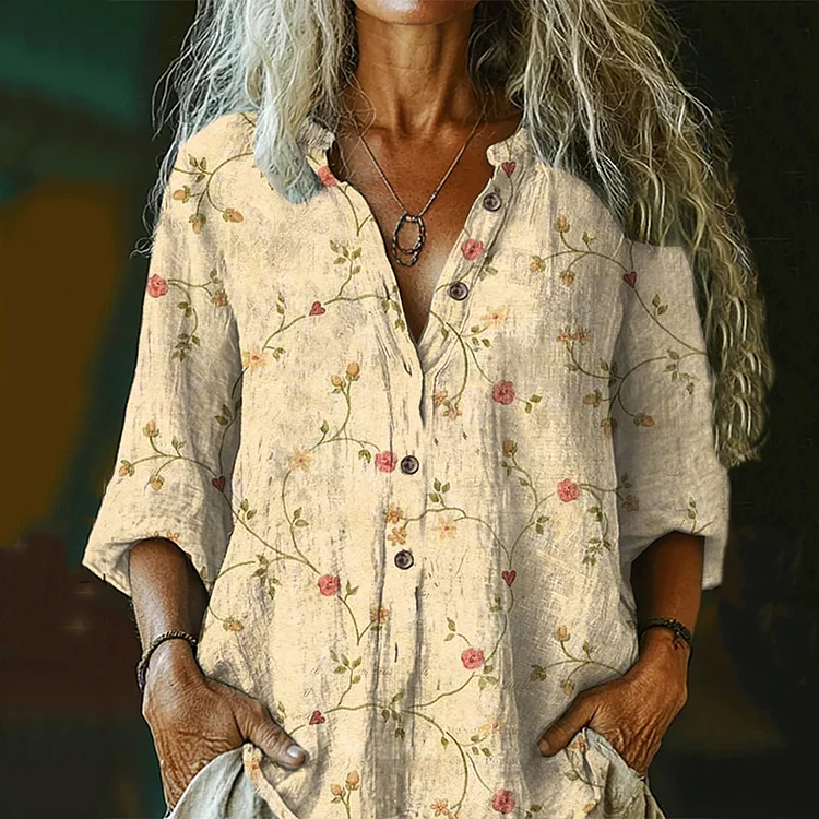 Women's Vintage Floral  Art Print Casual Cotton And Linen Shirt