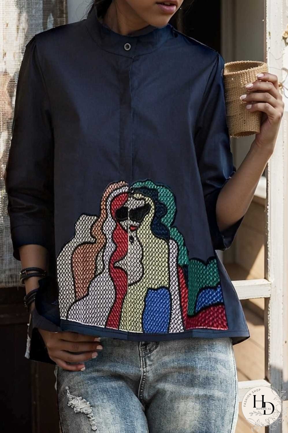 embroidered button mid sleeve casual blouse