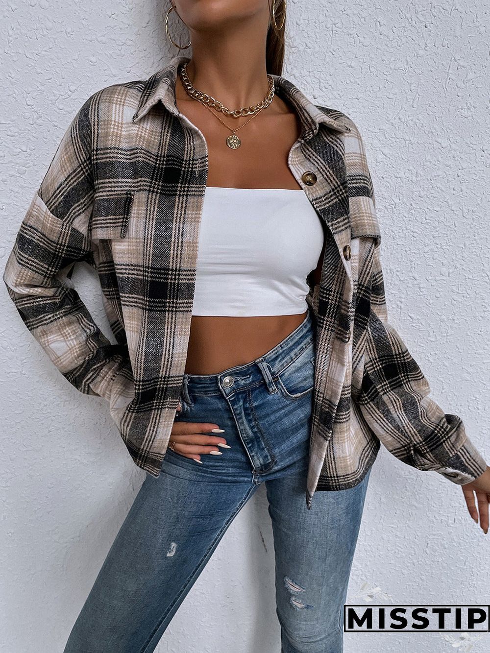 Classic Thick Colorblock Checked Button Down Shirt Jacket Woolen