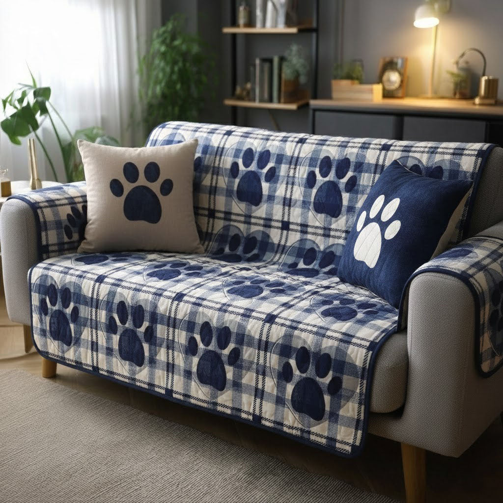 Navy Paw Plaid Quilted Sofa Cover NCU0TV1424 everthome