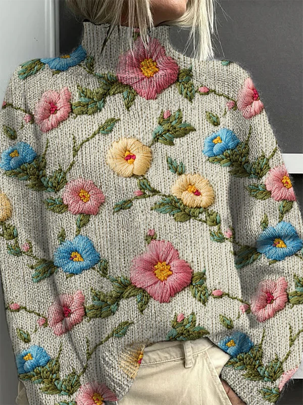 Women's Elegant Flowers And Vines Print Knit Sweatshirt