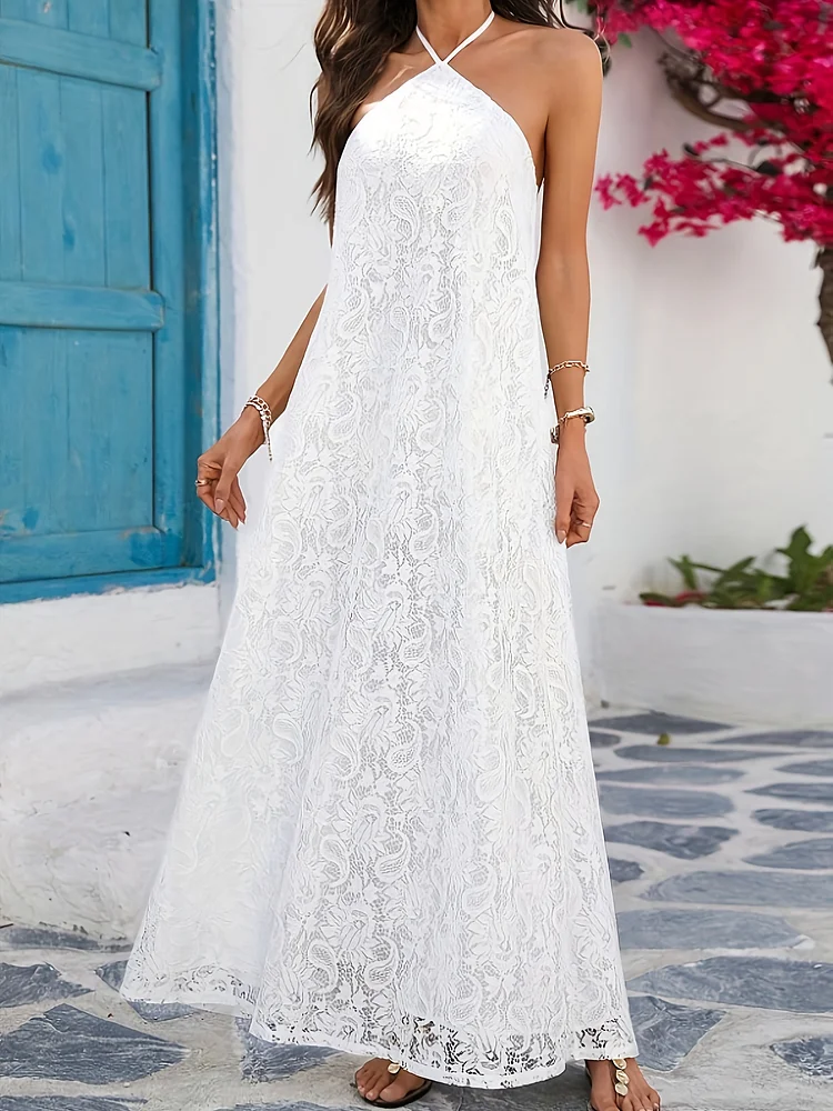 White Lace Camisole Dress, Elegant Beach Vacation | Made From Easy-Care Fabric, Hand Washable, Perfect For Spring And Summer Outings Or Family Gatherings, Romantic Holiday Dress, Suitable For Women's Summer Wear, Beach Attire, Printed Maxi Dress