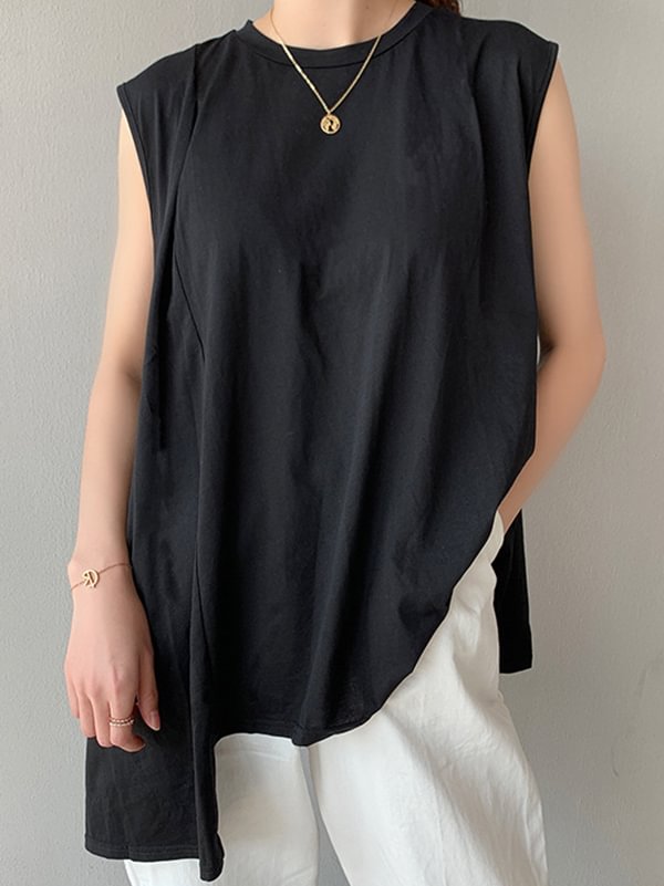 Simple Solid Color Asymmetric Sleeveless Round-Neck Vest