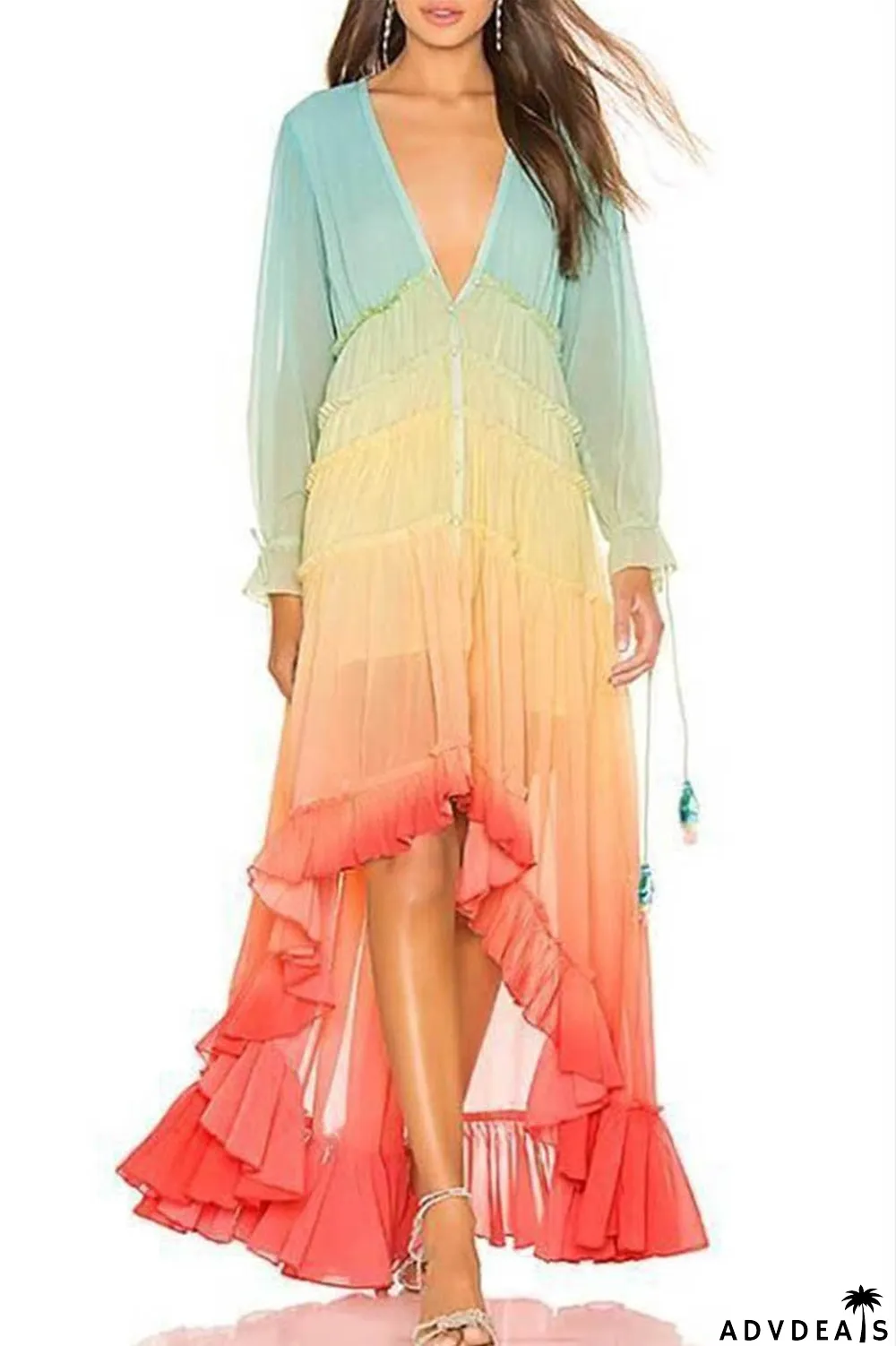 V Neck Long Sleeve Gradient Dress