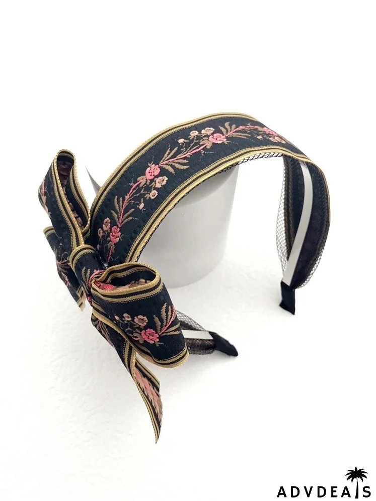 Flower Embroidered Bow Decor Headband
