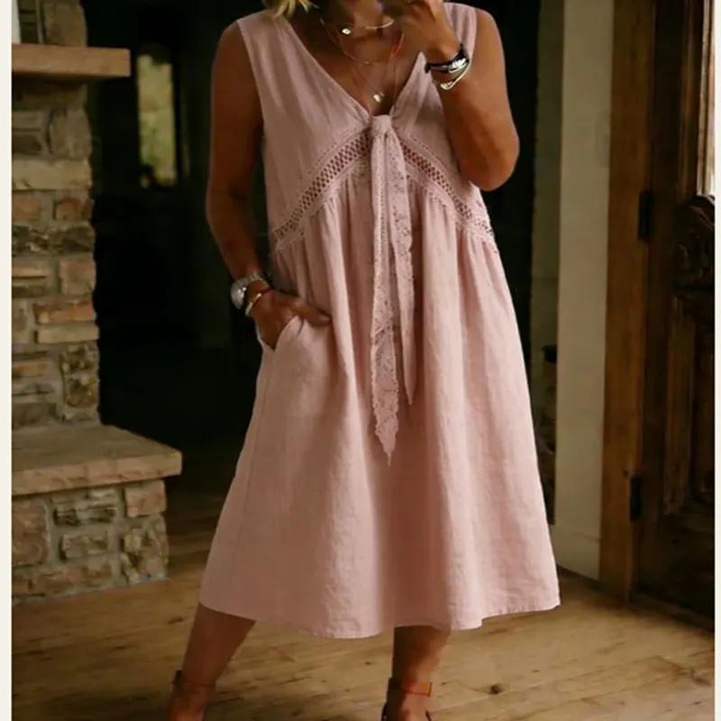 V-Neck Lace Splicing Sleeveless Loose A-Line Cotton Linen Midi Dress