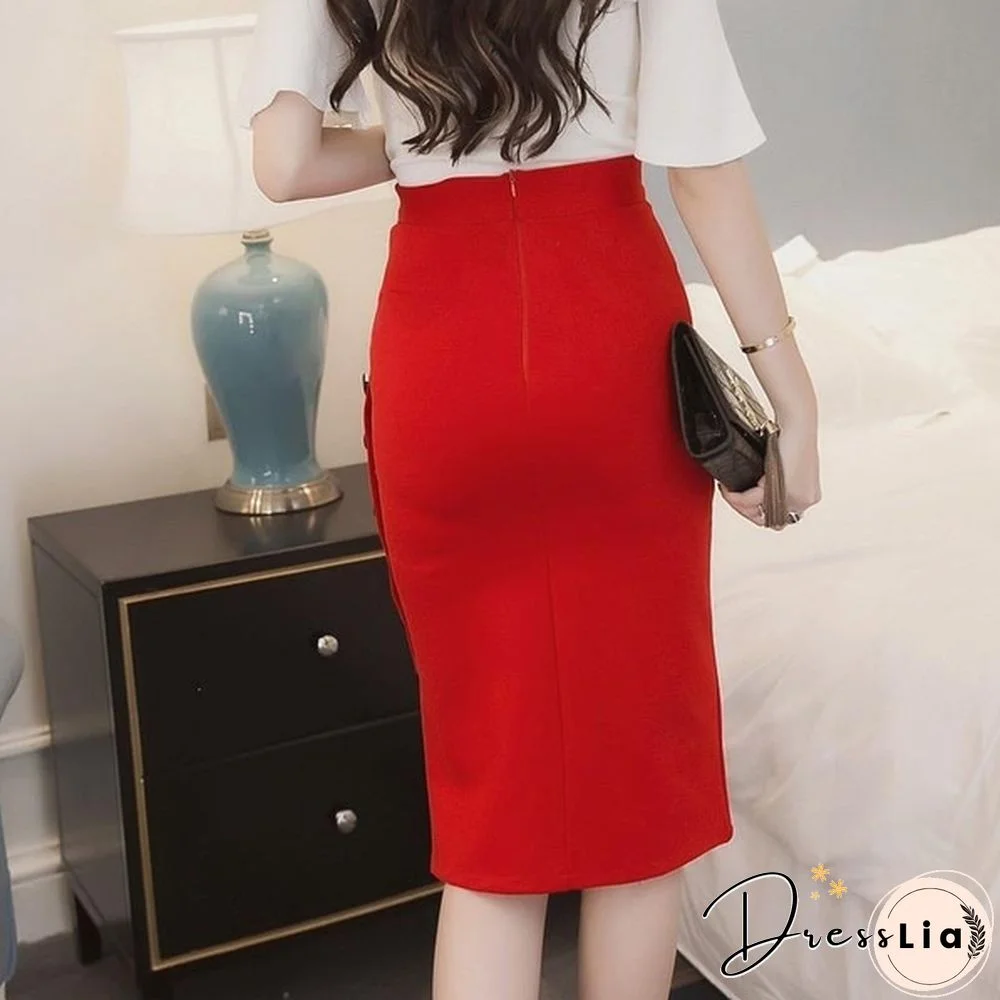 New Sexy Women Casual Party High Waist Slit Knit Button Slim Pencil Midi Skirt Dress