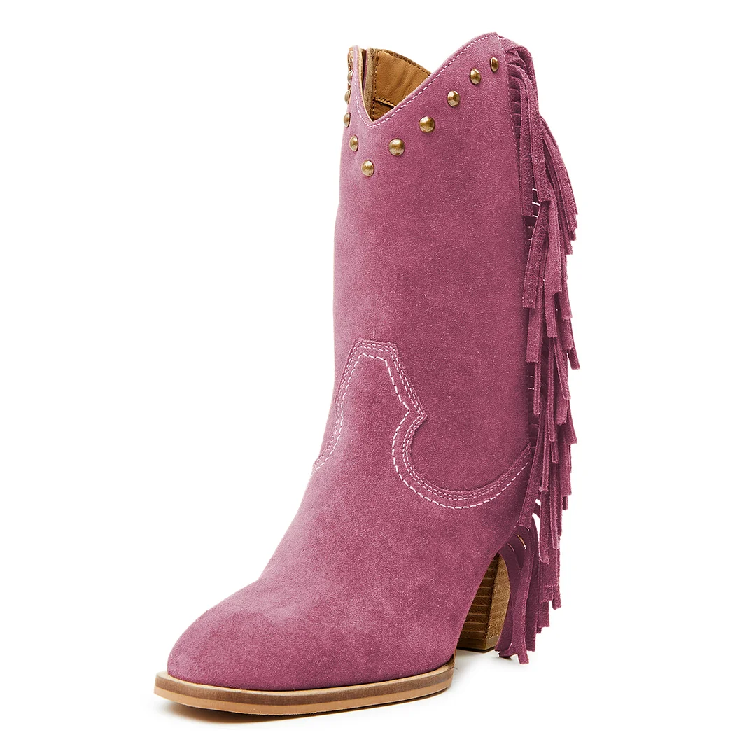 Magenta Vegan Suede Fringe Chunky Heel Western Boots for Women