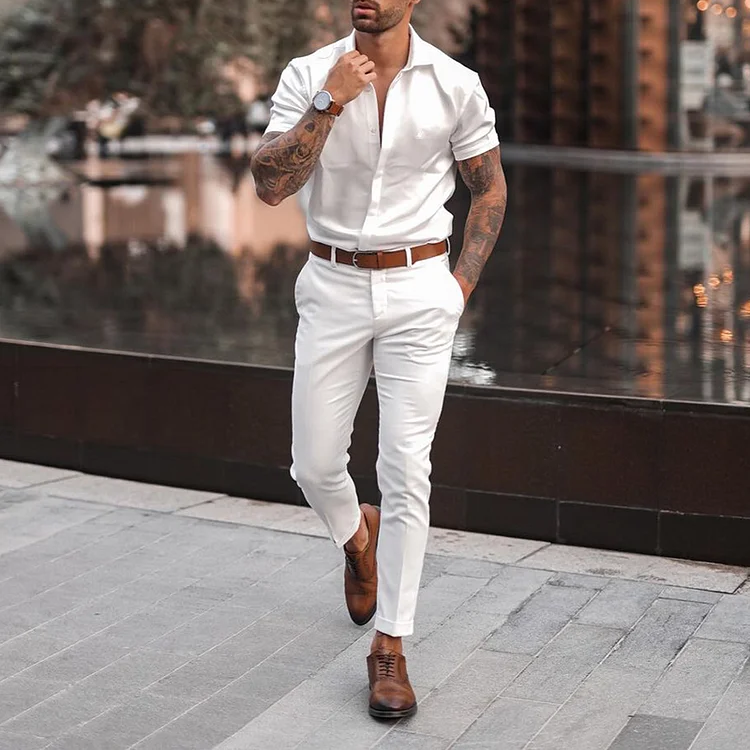 BrosWear Casual White Shirt And Pants Two Piece Set