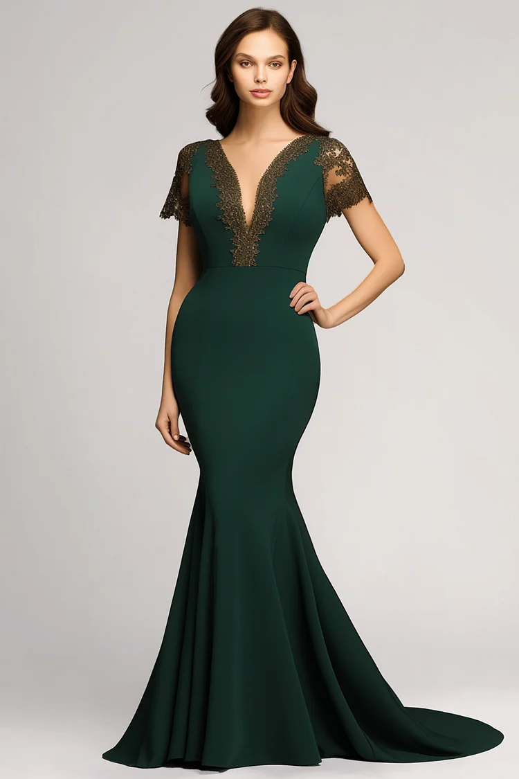 Zaruci Mother Of The Bride Dark Green Lace Deep V Neck Mermaid Maxi Dress [Pre-Order]