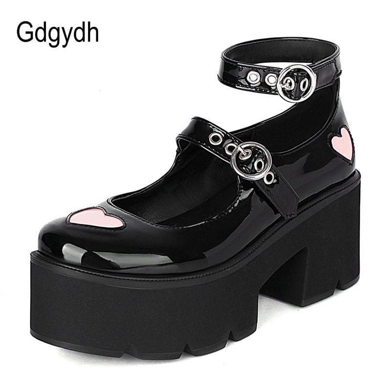 Gdgydh Belt Buckle Heart Gothic Lolita Shoes For Women Patent Leather Black Platform Chunky Heel Women Pumps Japanese Harajuku