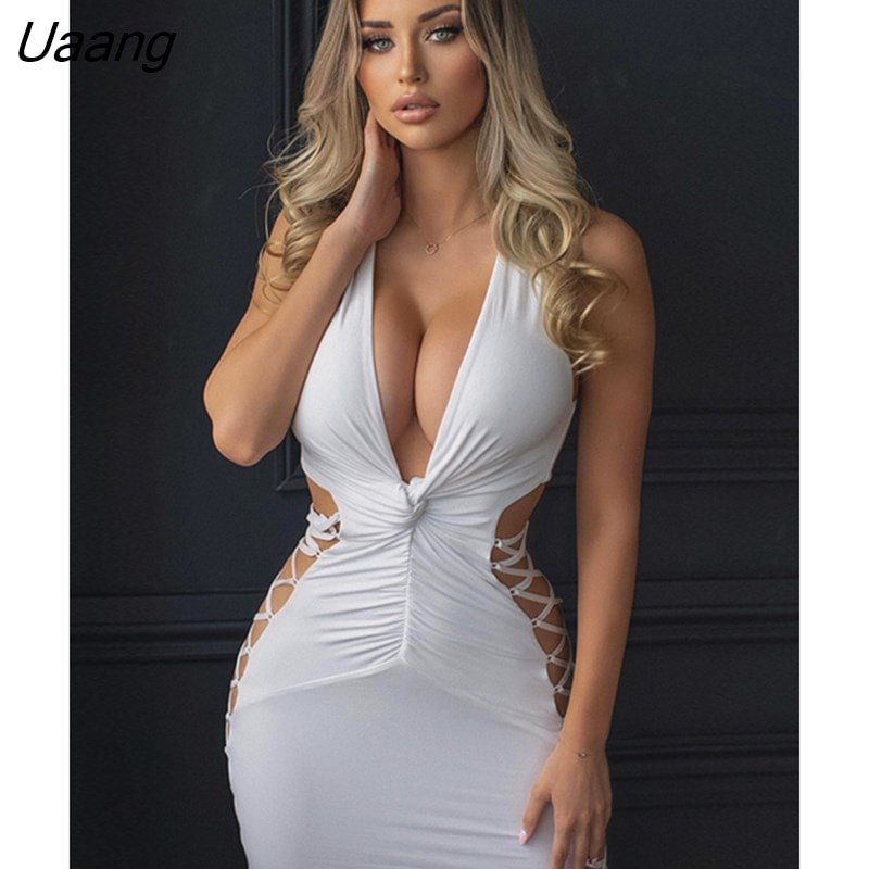 Uaang Elegant Hollow Out Bandage Midi Dress For Women Outfits Summer New White Sleeveless Bodycon Long Dress Vestido