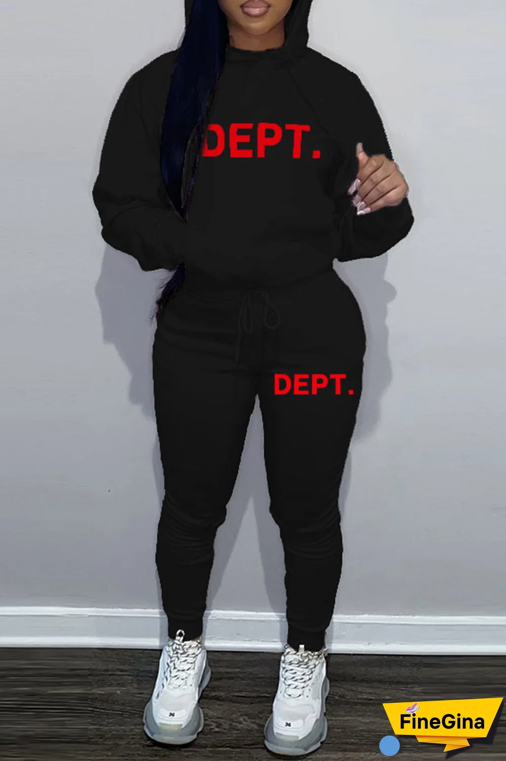 Brown Street Vintage Print Draw String Letter Hooded Collar Long Sleeve Two Pieces