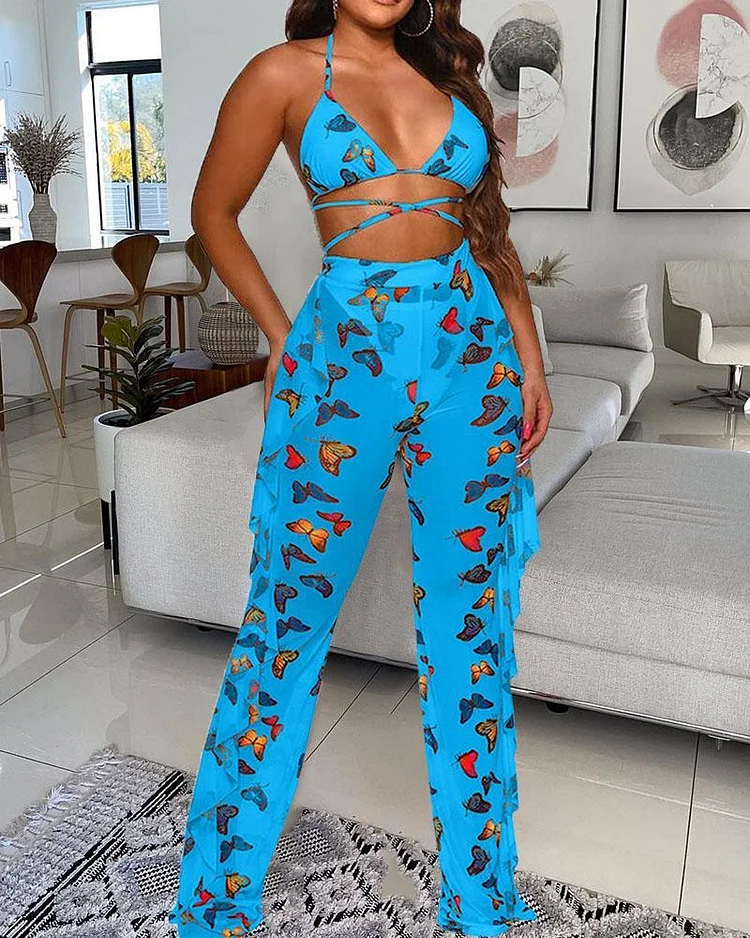 Fashion Butterfly Floral Print Two-piece Set