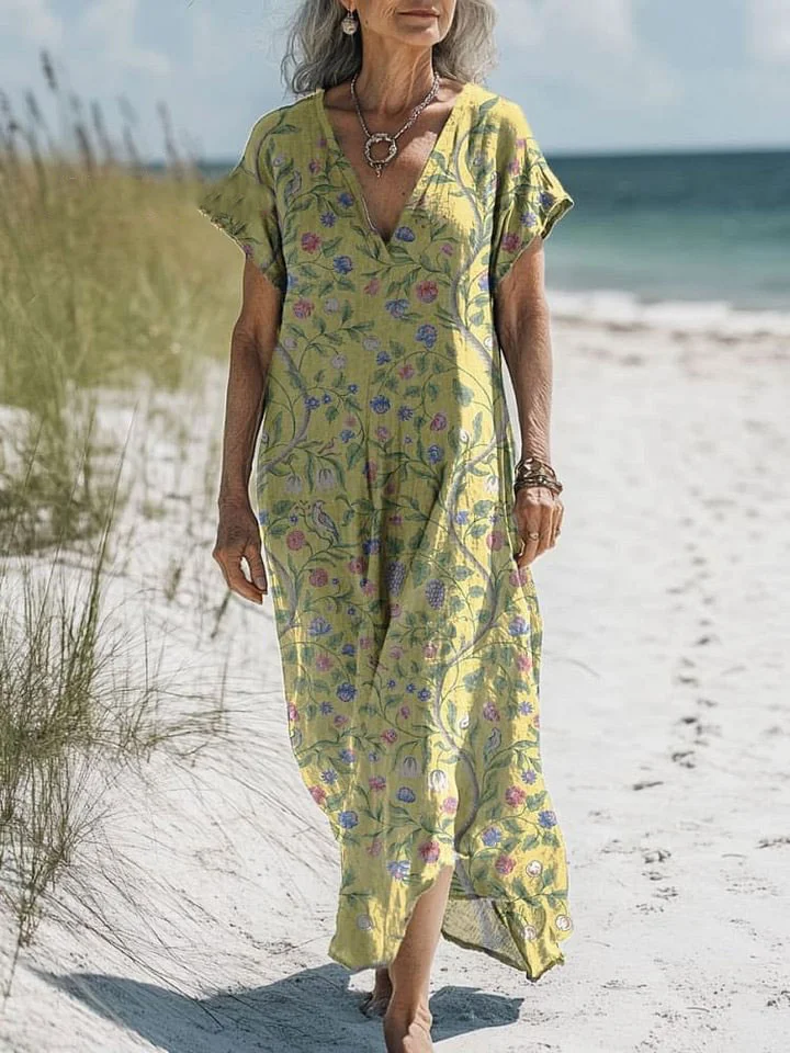 Women's Vintage Colorful Flower Art Print Pocket Cotton Dress