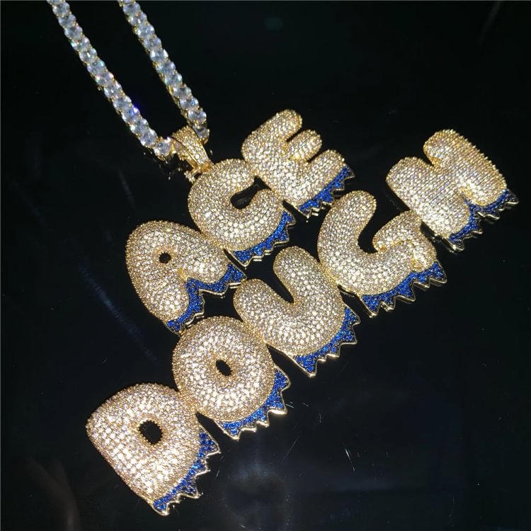 Custom Name Blue Drip Color Bubble Letters Pendants Necklaces