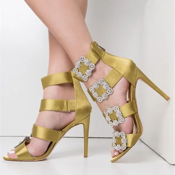 Yellow Satin Stiletto Heels Rhinestone Buckle Strappy Wedding Shoes |FSJ Shoes