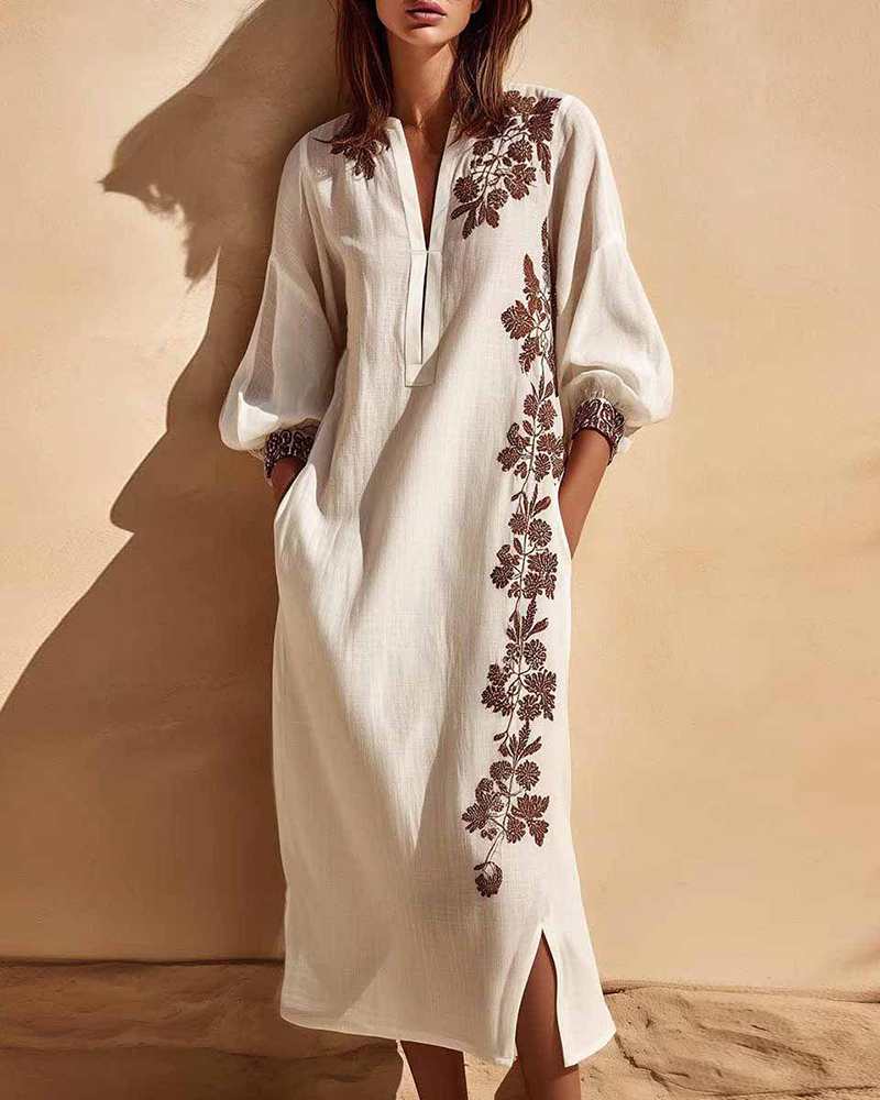 Floral Embroidery Side Split V Neck Three Quarter Sleeve Midi Dress