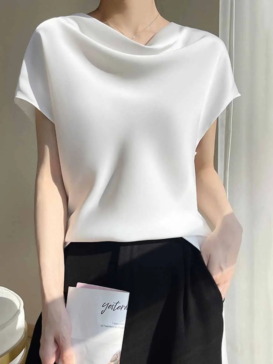 Cowl Neck Short Sleeve Satin Loose T-Shirt