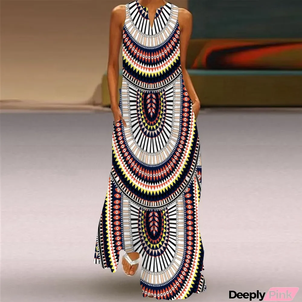 Summer Women's Fashion Sexy Digital Printing V-Neck Sleeveless Dress With Pockets