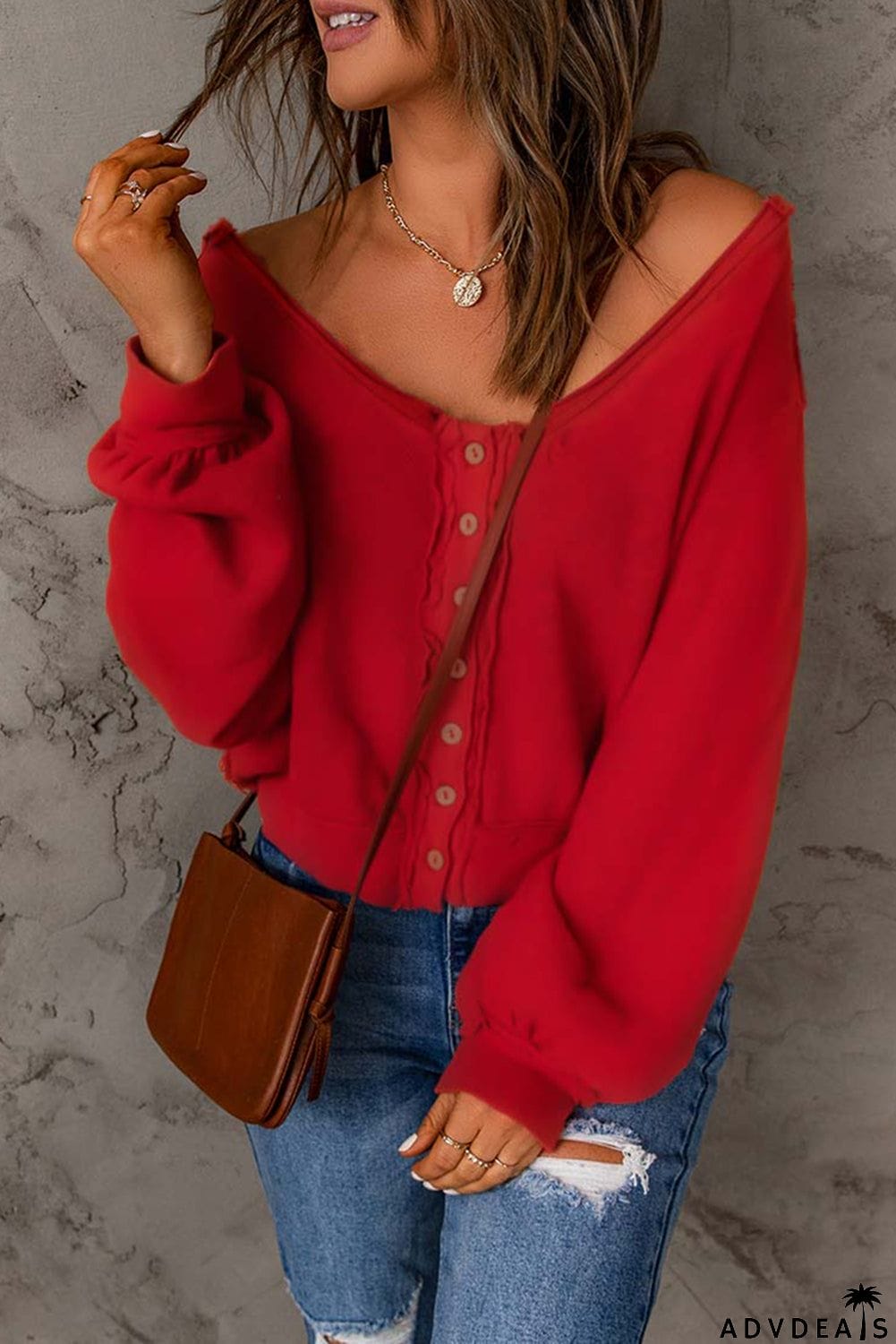 Red Button Front Distressed Knit Top