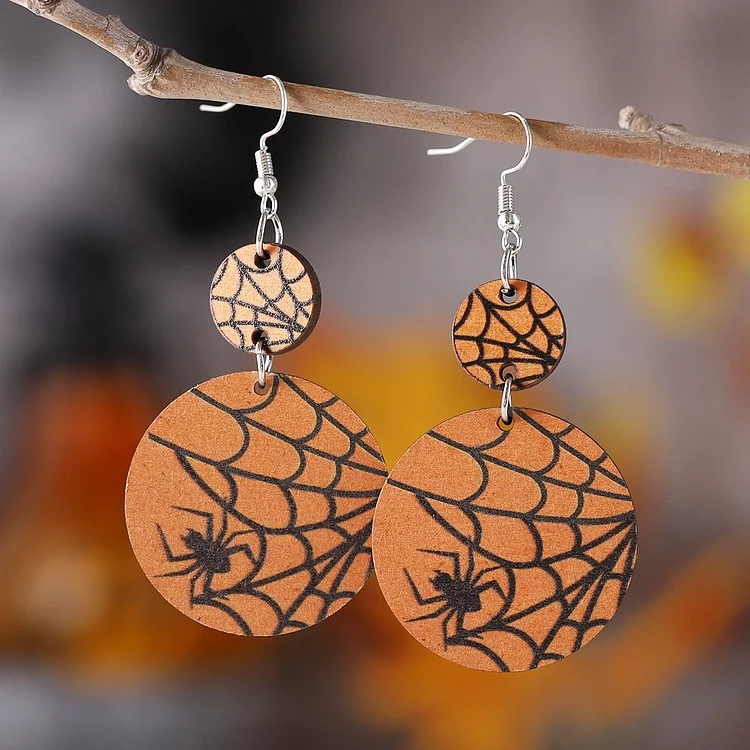 Women's Halloween Spider Wood Earrings