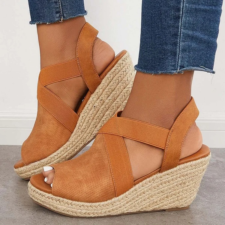 HUXM Peep Toe Platform Espadrille Wedges Ankle Strap Sandals