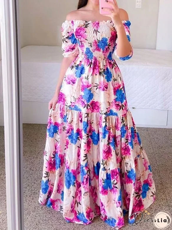 Women's Dresses One Word Collar Print Off Shoulder Dress