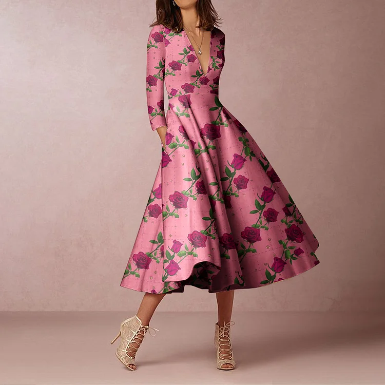 Vefave Elegant Rose Print Swing Midi Dress