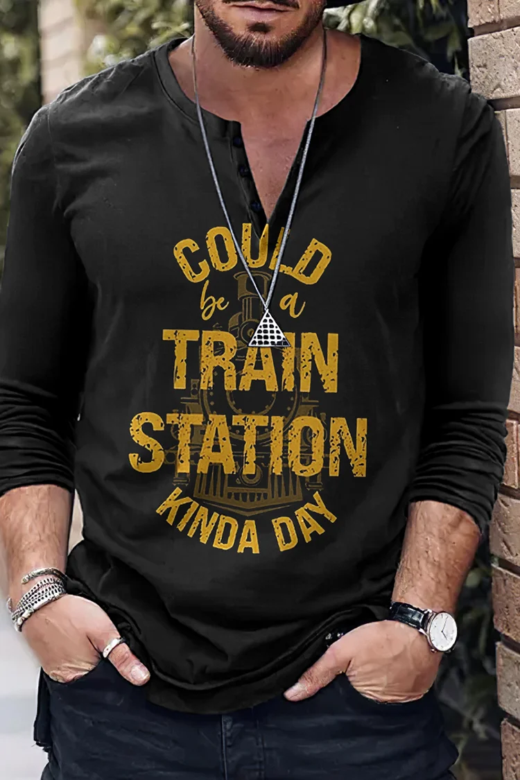 Tiboyz Unbutton Could Be A Train Station Print Long Sleeve T-Shirt