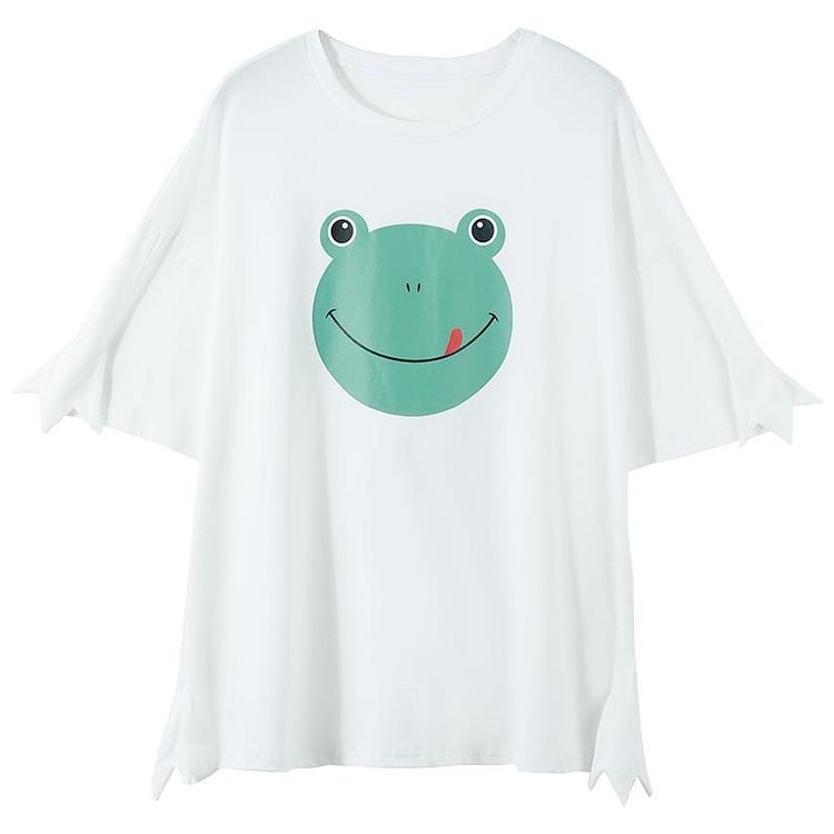 Frog Print Loose Cotton T-Shirt - Modakawa Modakawa