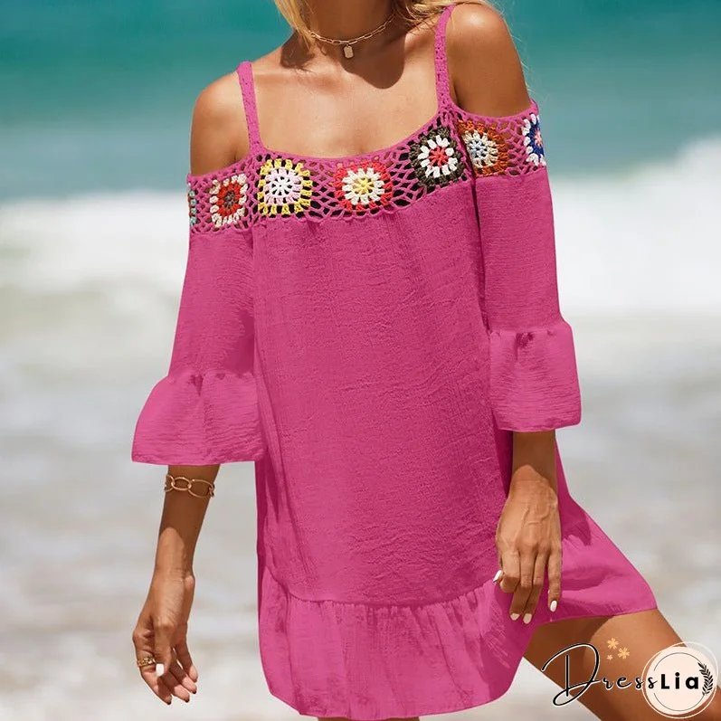 Holiday Suspenders Sun-protective Clothing Crocheted Lace Shoulder Dress Casual Short Solid Color Sunscreen Beach Skirt
