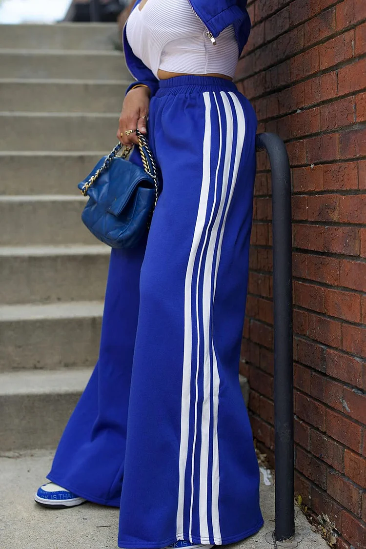 Colorblock Stripe Jacket Wide Leg Pants Casual 2pcs Set-Blue