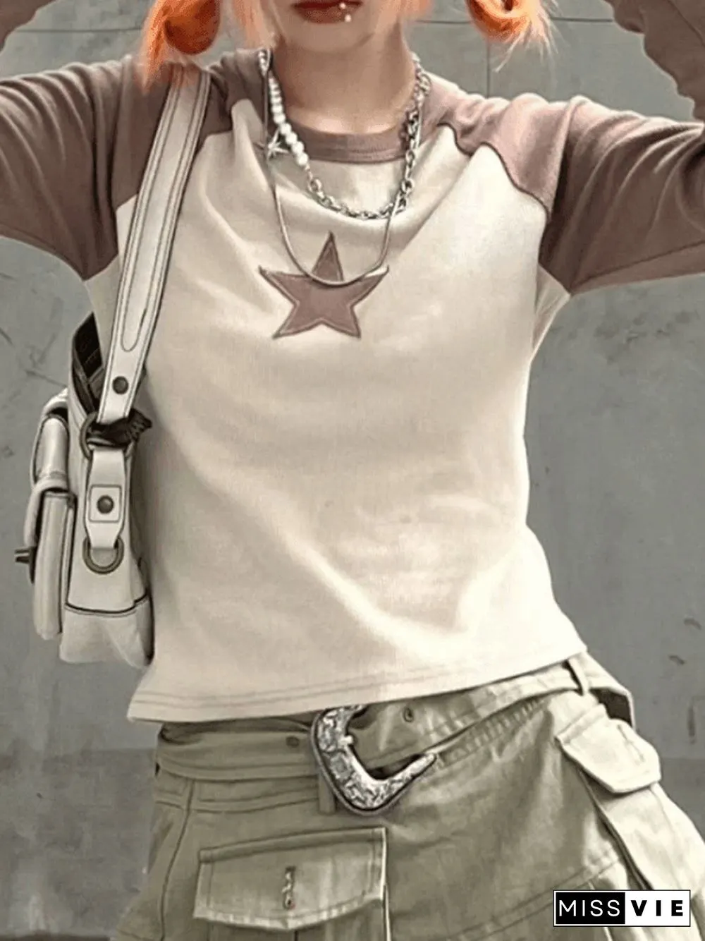 Raglan Sleeve Star Patch Knit Crop Top