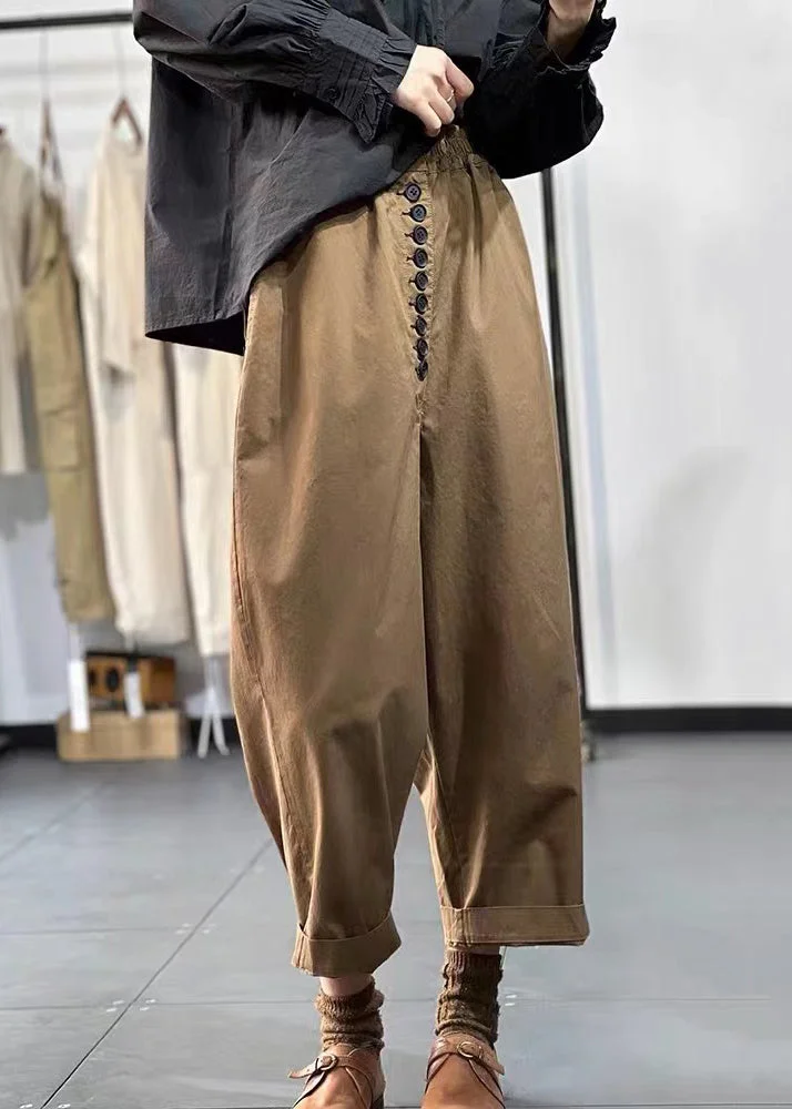 Casual Khaki Pockets Elastic Waist Cotton Crop Pants Fall