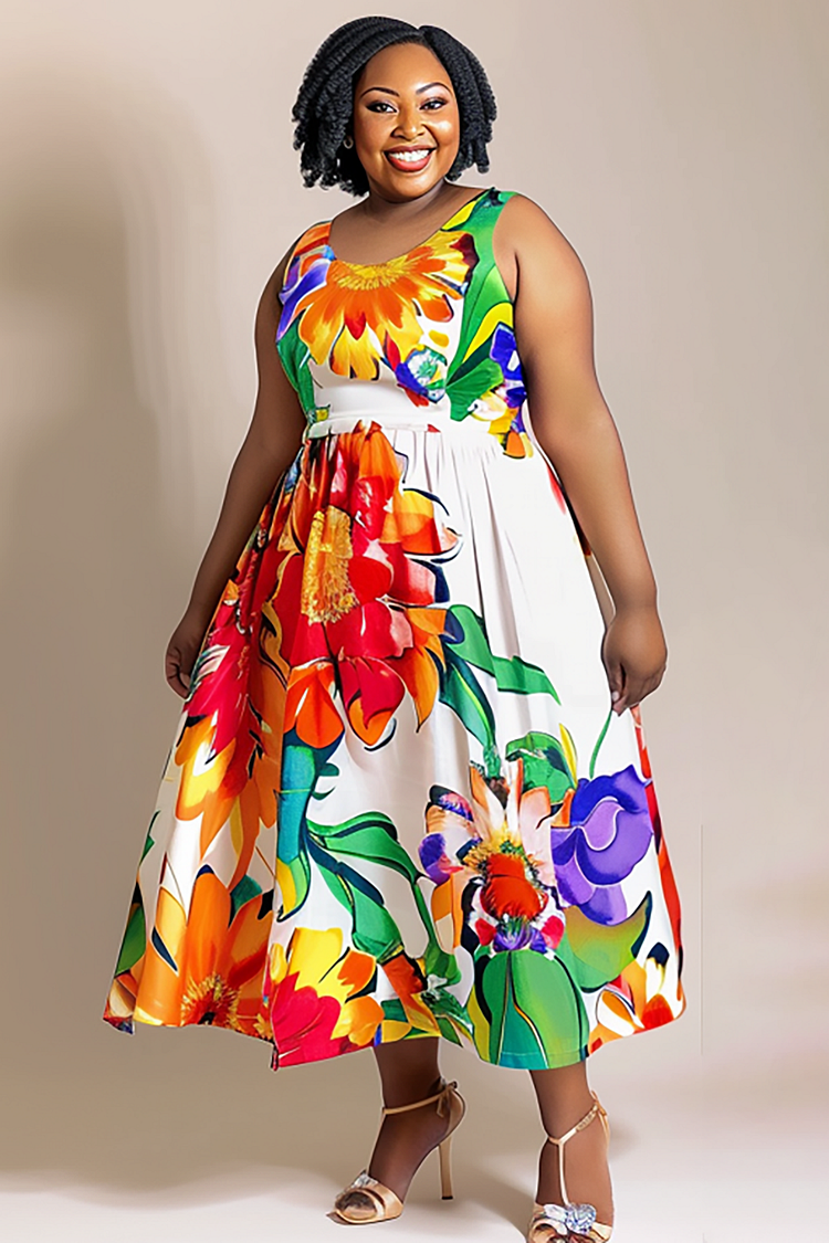 Xpluswear Design Plus Size Vacation Multicolor Floral Crew Neck Backless Midi Dresses
