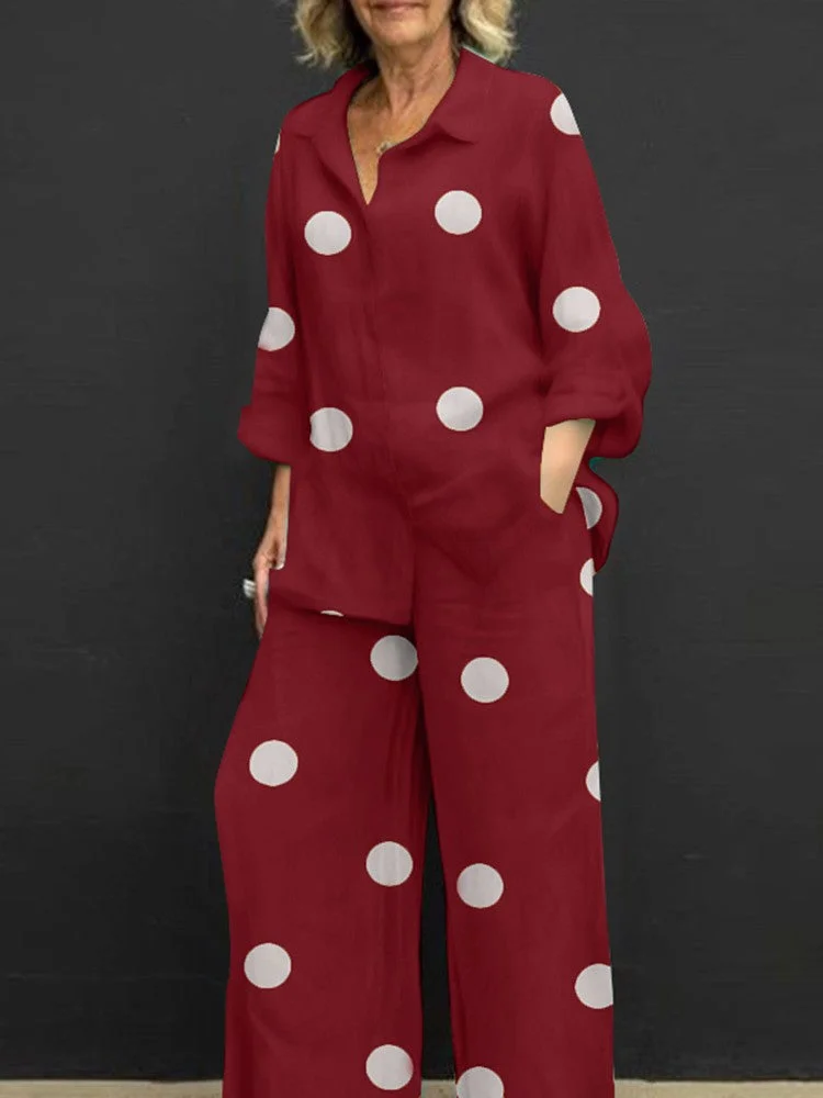 Polka-dot Print Two-piece Suit With Long-Sleeved Top And Wide-Leg Trousers