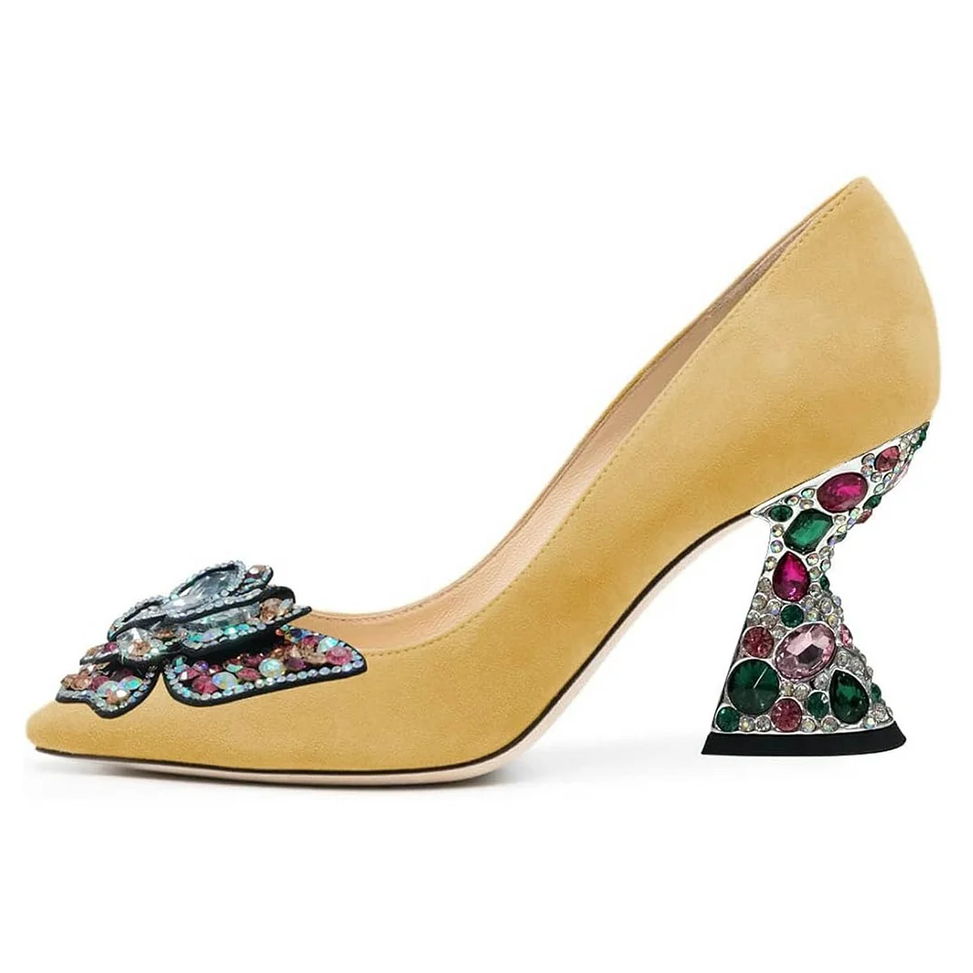 Chic Yellow Decorative Heel Rhinestone Butterfly Pumps for Women